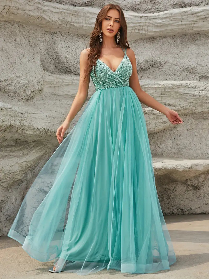 Sequined Crisscross Backless Gown in Teal Green