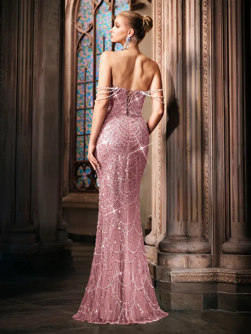 Beaded Bodycon Gown with Mermaid Tail in Dusty Pink