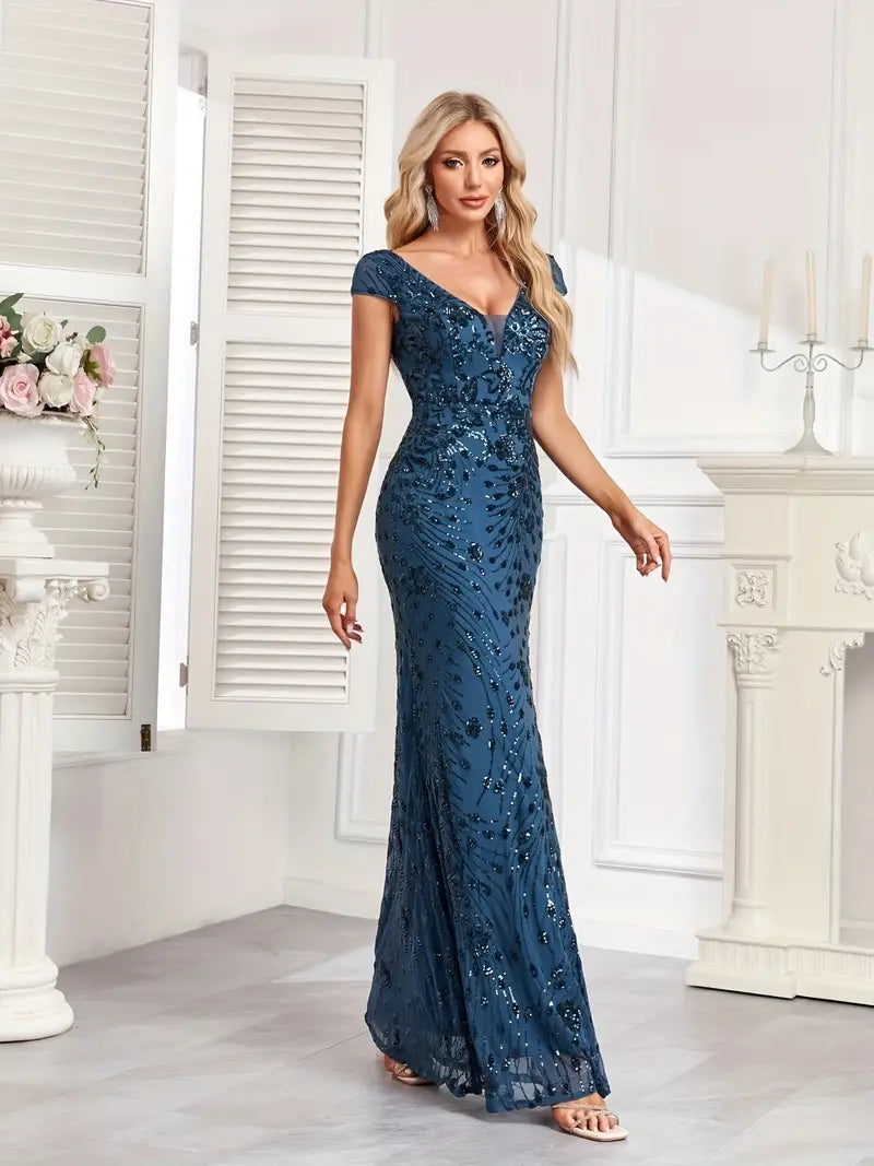 Sleeveless Sequin Gown in Navy Blue