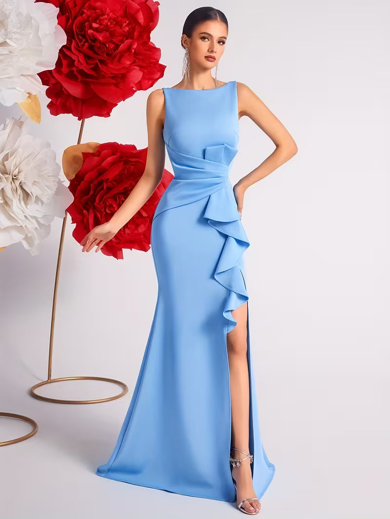 Ruffle Pleated Dress in Sky Blue