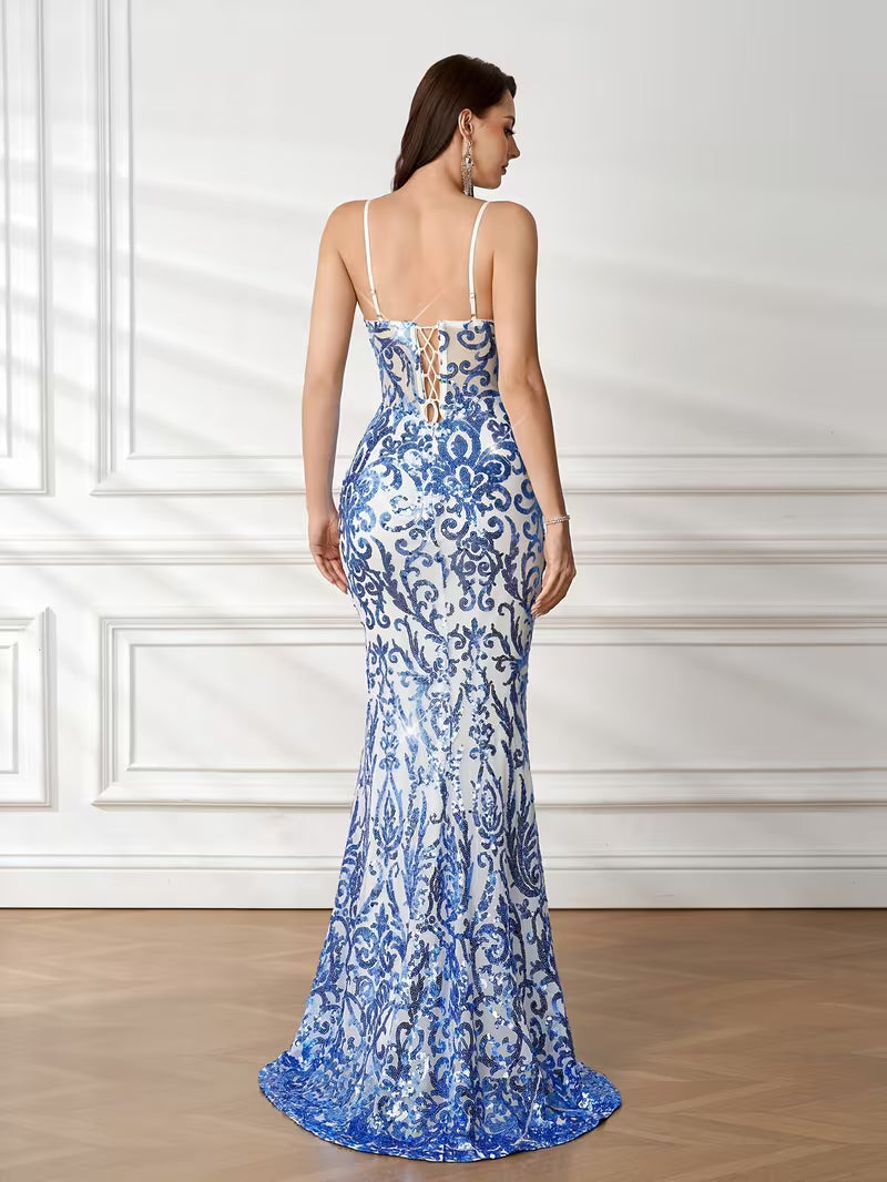 Blue and White Sequin Pattern Gown