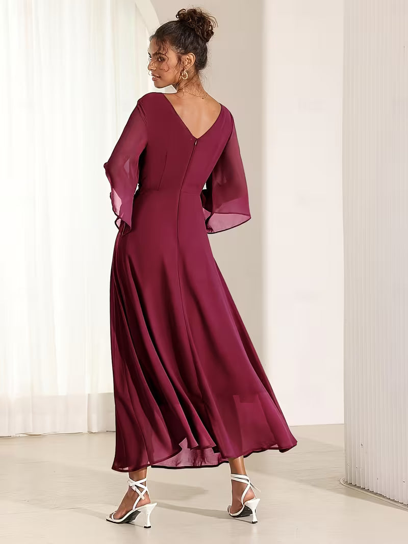 Chiffon Fit & Flare Maxi Dress in Burgundy