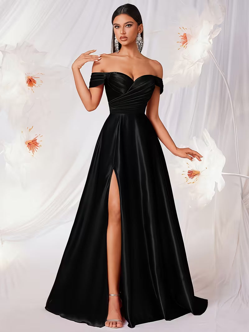 Off the Shoulder Waisted Satin Gown in Black