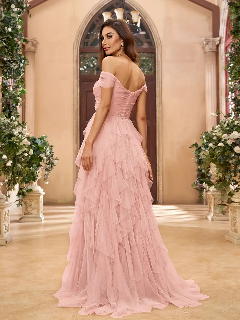 Off The Shoulder Ruffled Tulle Dress in Nude Pink