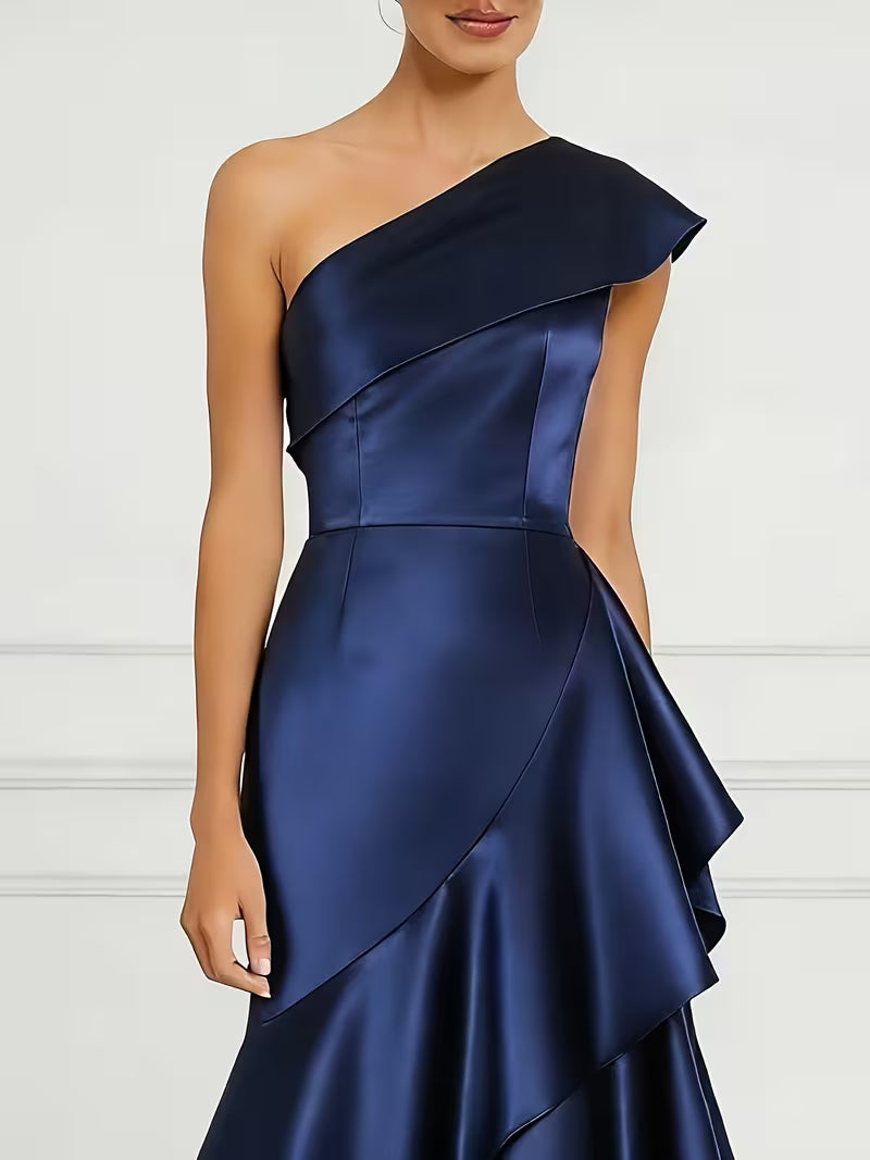 Elegant Navy one Shoulder Satin Multi-Tiered Maxi Dress