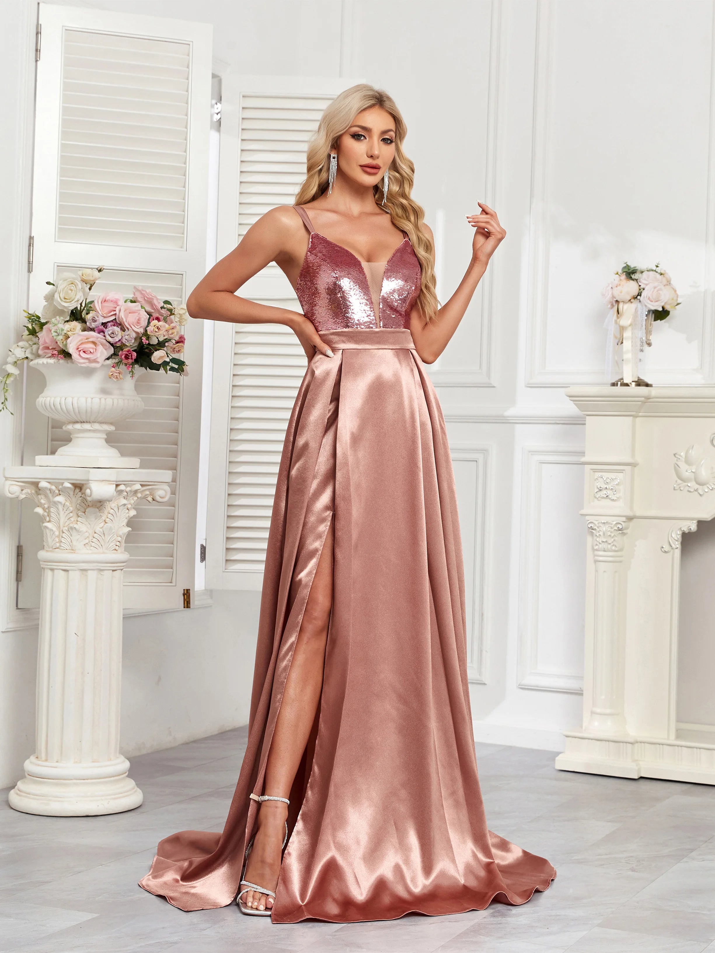 V-Neck Sequin and Satin Ball Dress in Champagne