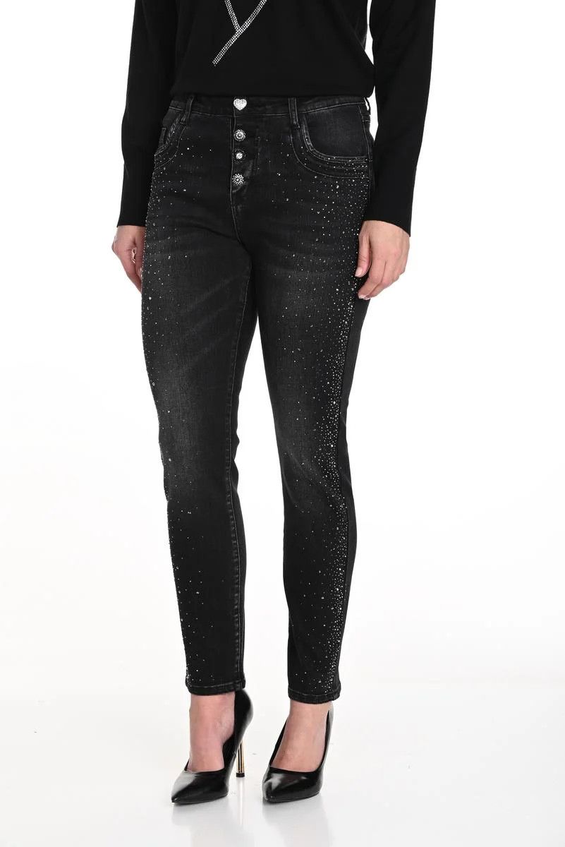 Jeweled Button Rhinestone Jean In Charcoal 243503