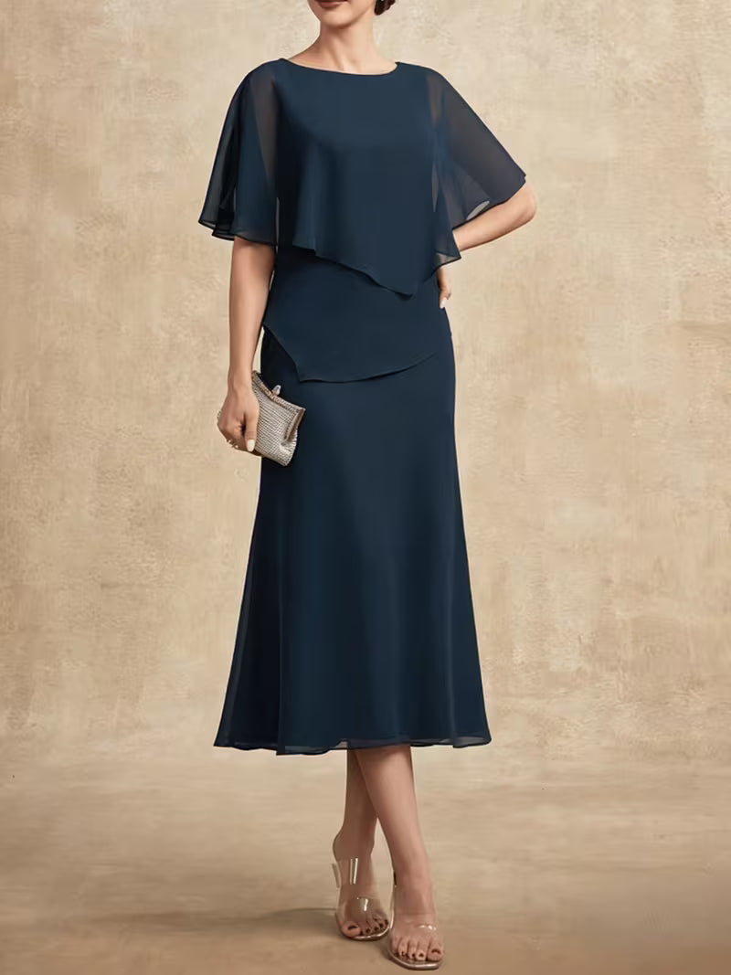Elegant Chiffon Shawl Dress in Navy
