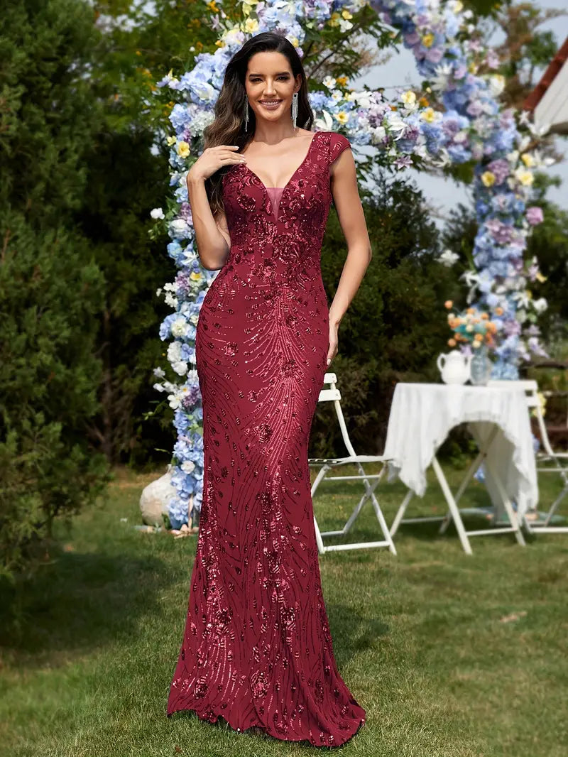 Sleeveless V-Neck Sequin Gown in Burgundy