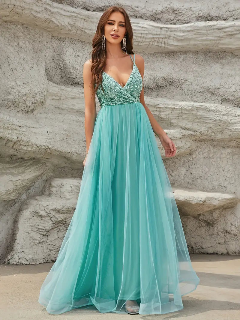 Sequined Crisscross Backless Gown in Teal Green