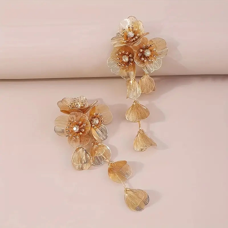 Elegant Flower Statement Earrings in Gold