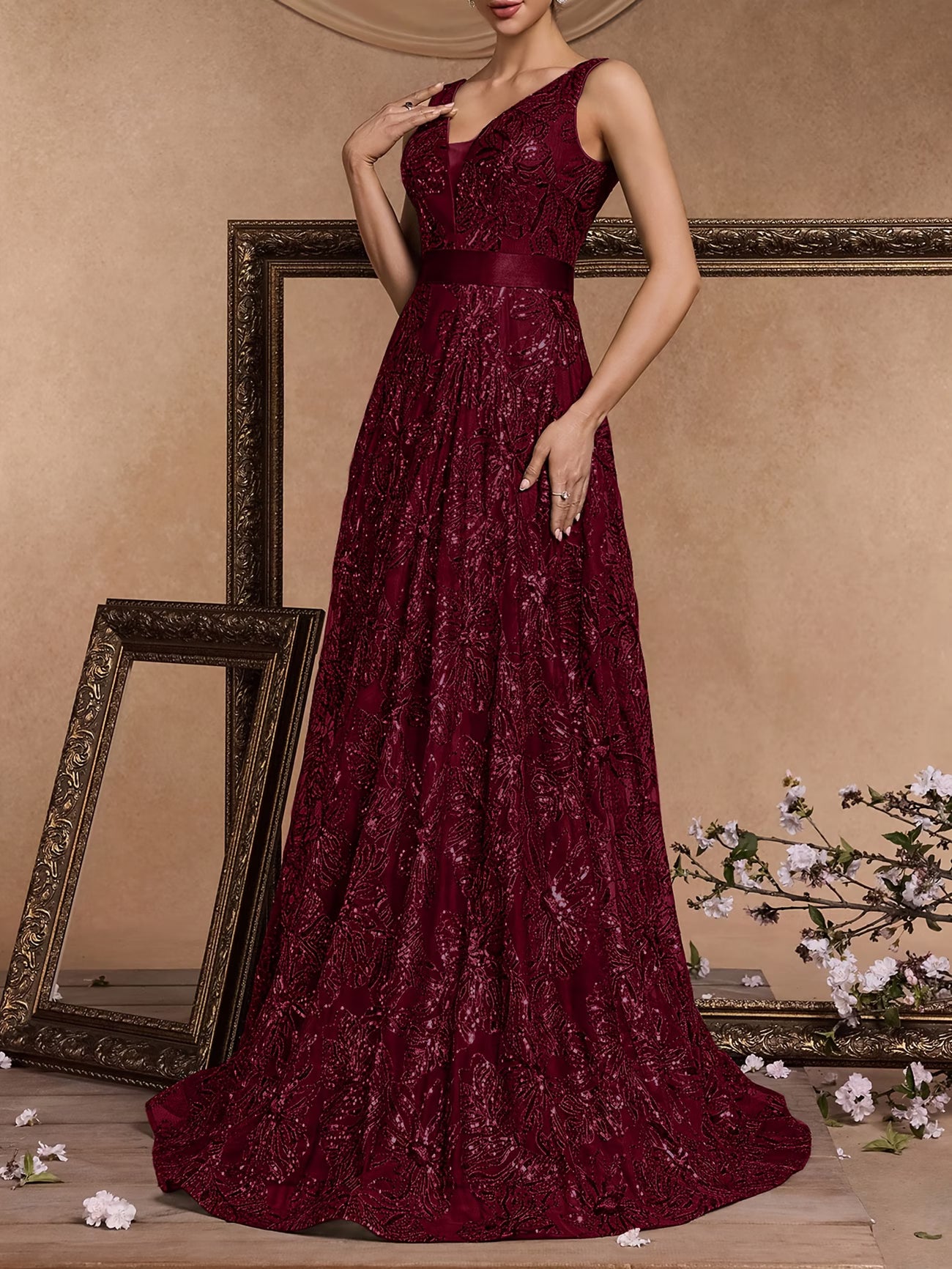 Tulle and Sequin Gown in Claret
