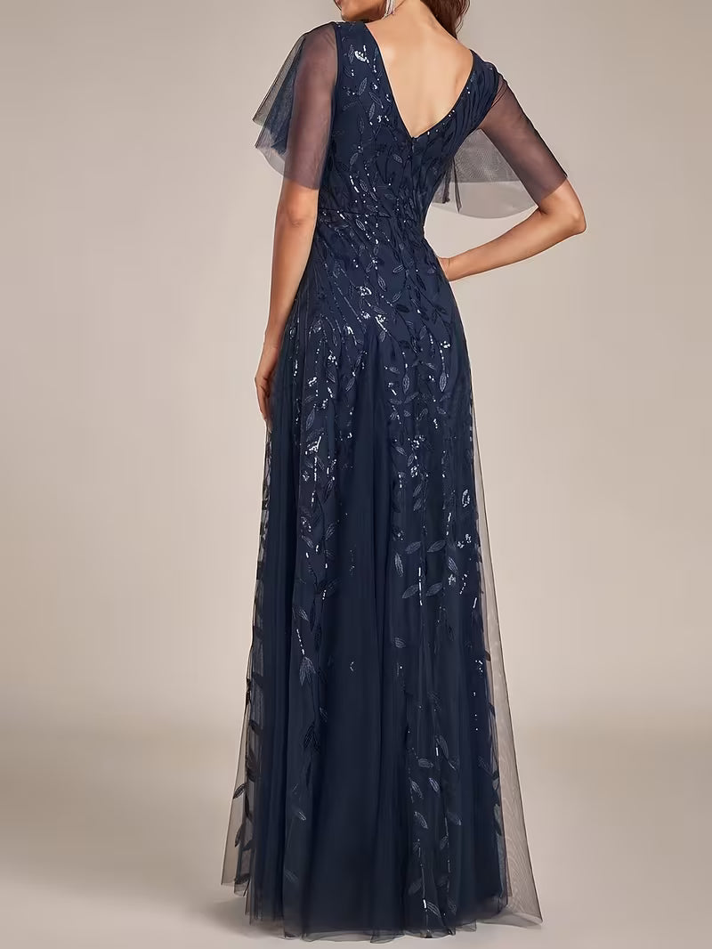 Embroidered Leaf Print Sequin & Chiffon Dress