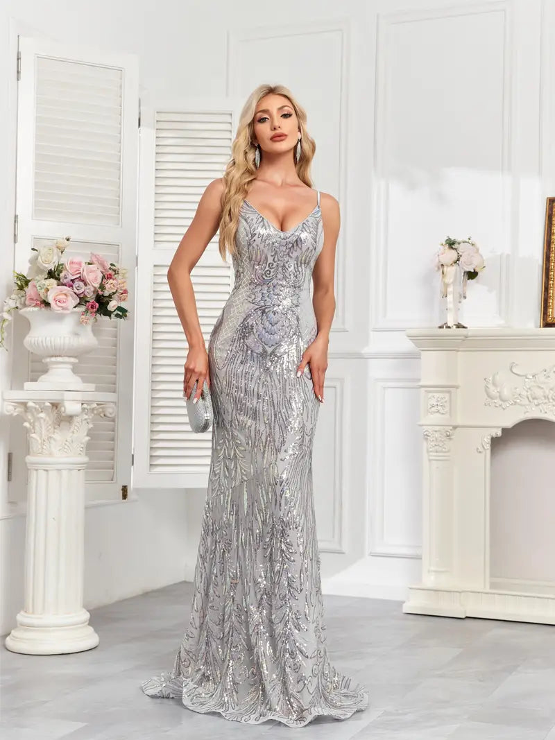 Silver Grey Sequined Mermaid Strap Dress