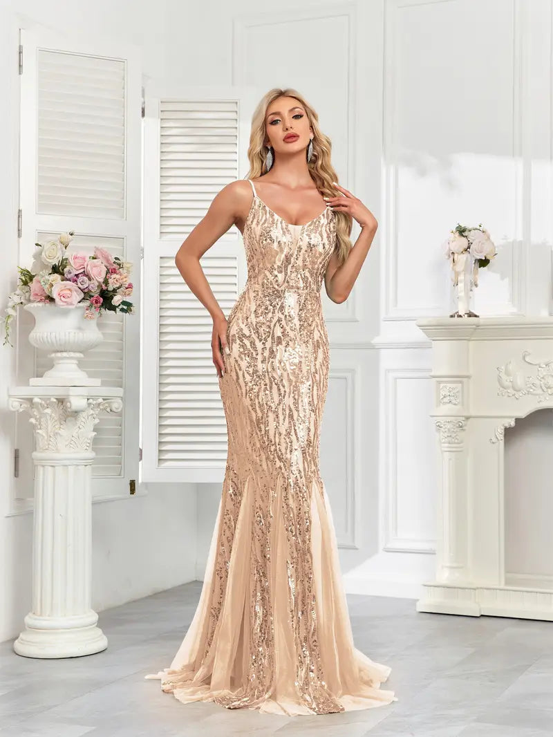 Stunning Sequin Mesh Gown in Champagne