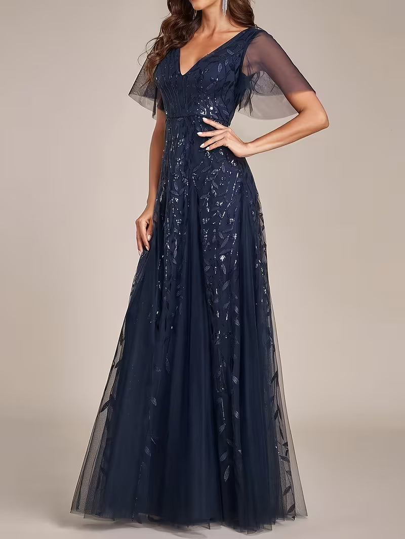 Embroidered Leaf Print Sequin & Chiffon Dress