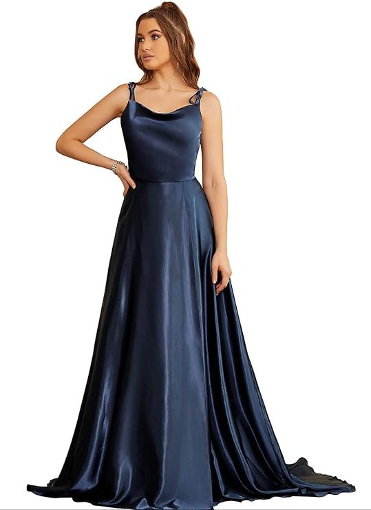Satin Navy Dress with Spaghetti Straps