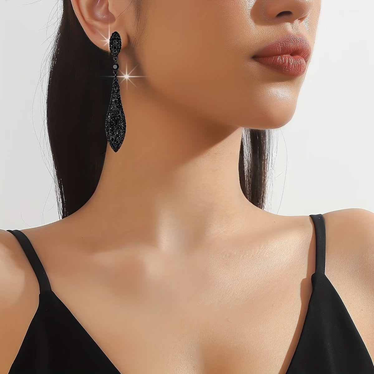 Shiny Stone Black Double Tear Drop Earrings.