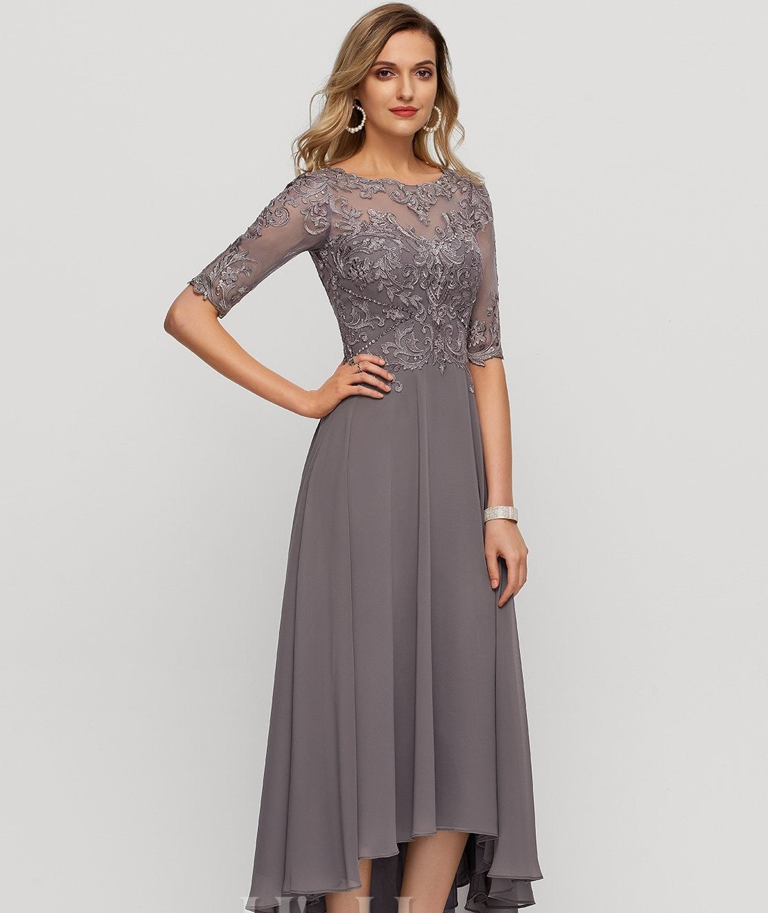 A-line Illusion Boat Neck Asymmetrical Chiffon Lace Mother of the Bride Dress With Sequin Beading