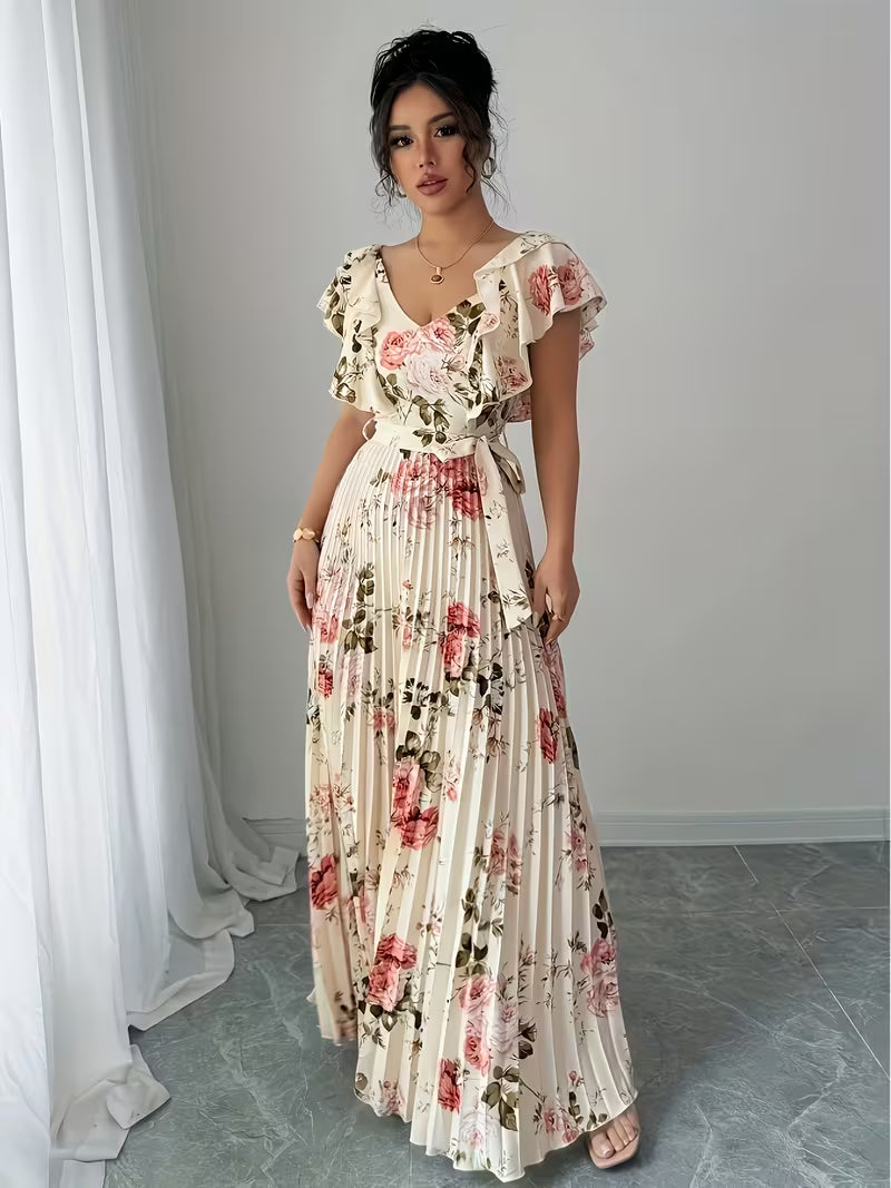 Ruffle Shoulder Floral Print Maxi Dress