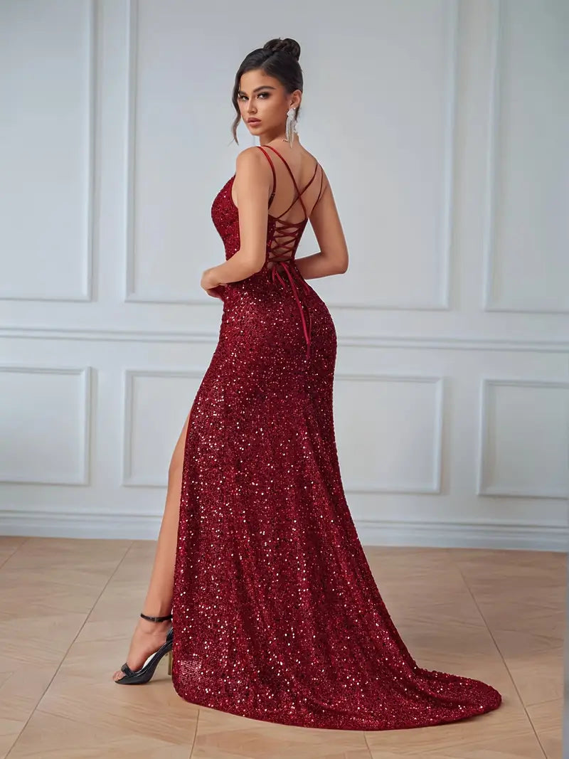 Sequin V- Neck Gown with High Split in Crimson