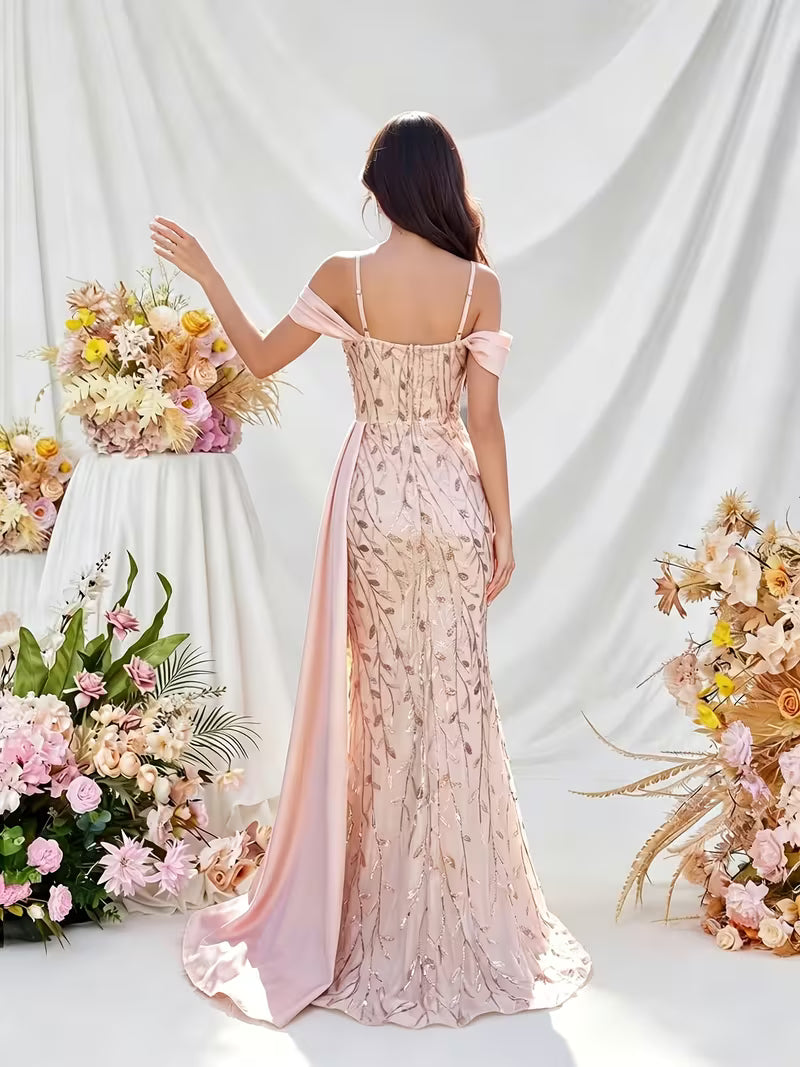 Elegant Open Shoulder Fish Tail Gown in Champagne