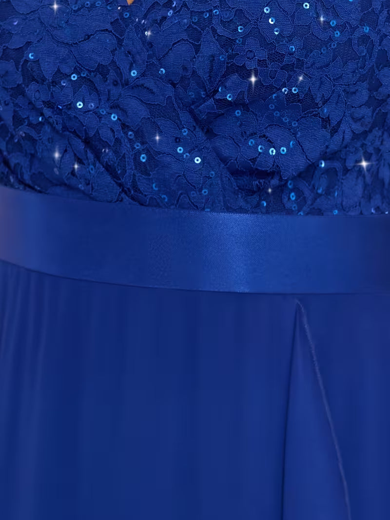 Sequin Chiffon Long Gown in Sapphire Blue