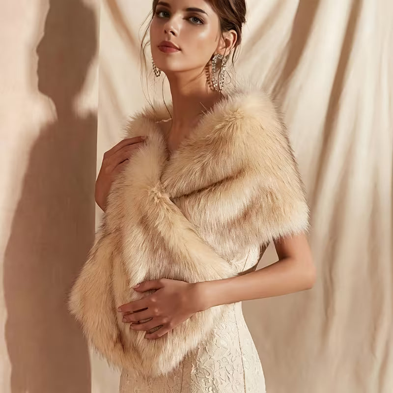 Faux Fur Cape Shawl in Champagne