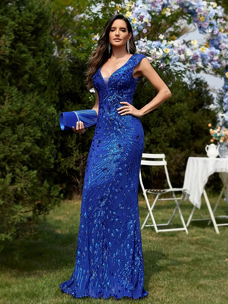 Sleeveless V-Neck Sequin Gown in Royal Blue