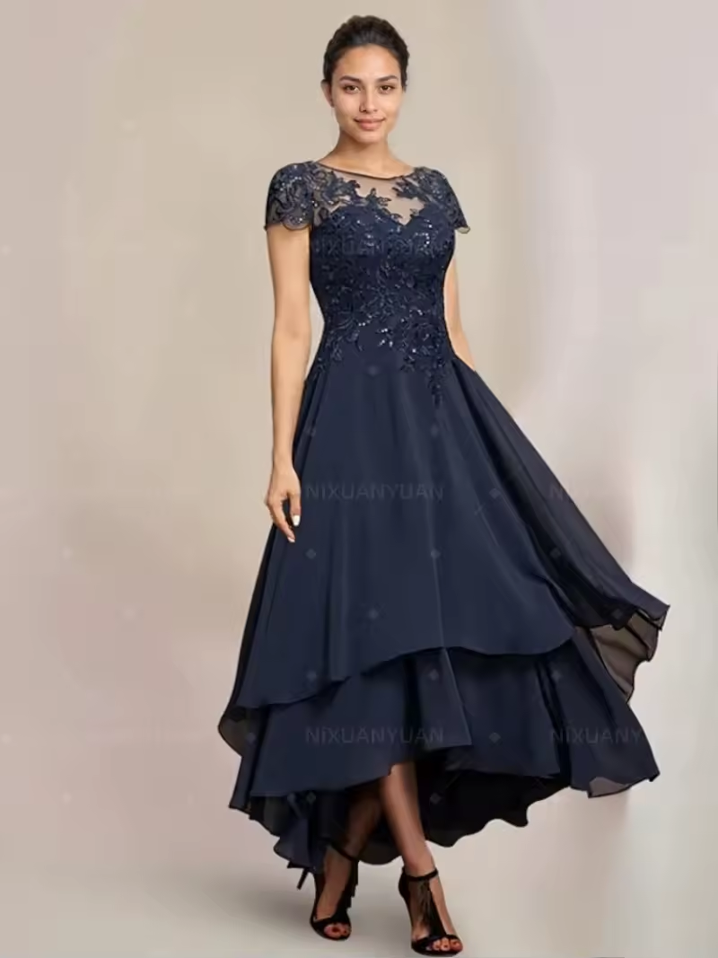 Navy Lace and Chiffon Hi-Low Hem Dress