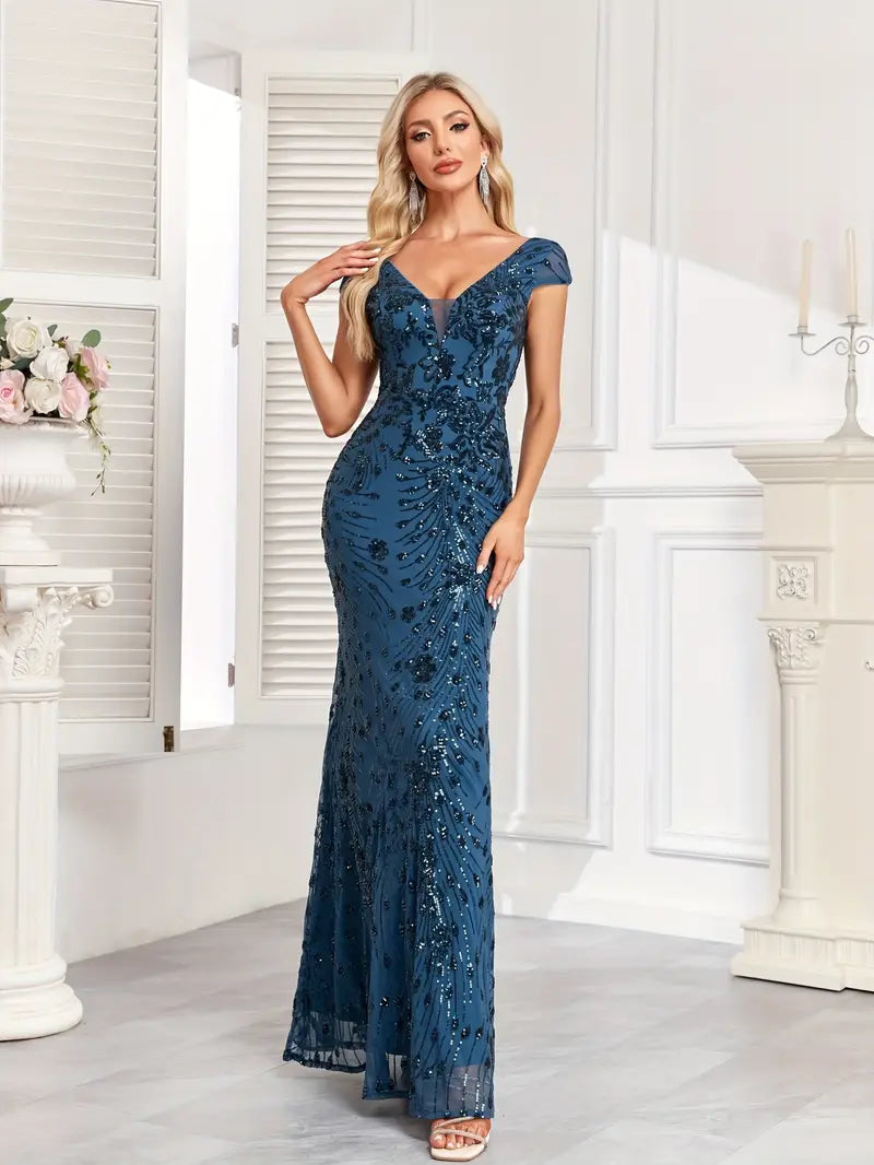 Sleeveless Sequin Gown in Navy Blue