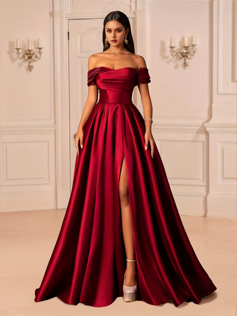Red Off the Shoulder Gown in Solid Satin