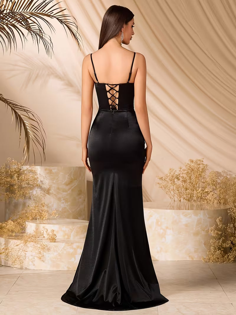 Black Sequin FishtailThin Strap Gown