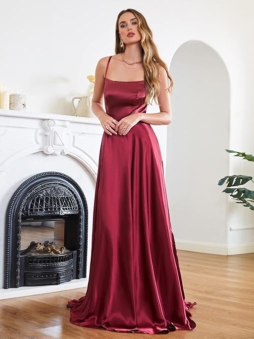 Satin Gown with Spaghetti Straps and Cross Back in Burgundy