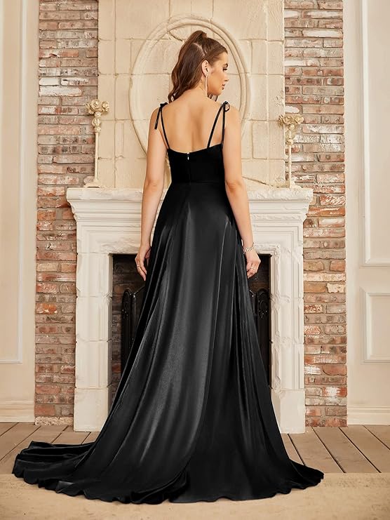 Satin Black Gown Spaghetti Straps