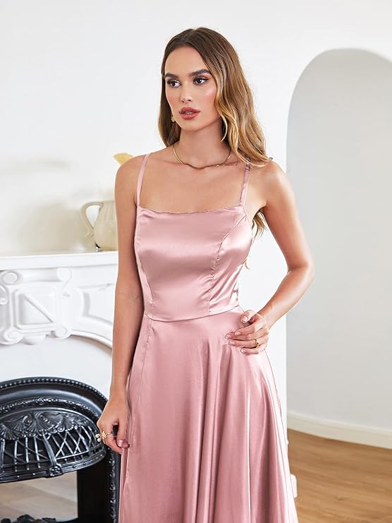 Satin Spagetti Strap with  Cross Back in Dusty Pink