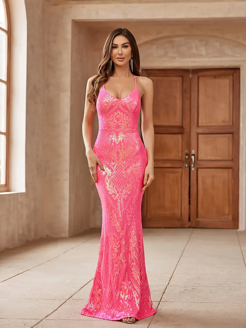 Sequin Backless Mermaid Tail Gown in Bright Pink with Gold Accents