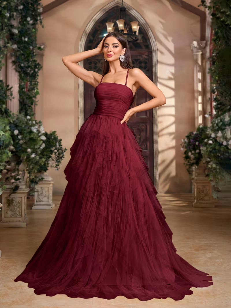 Ruffled Tulle Dress in Crimson