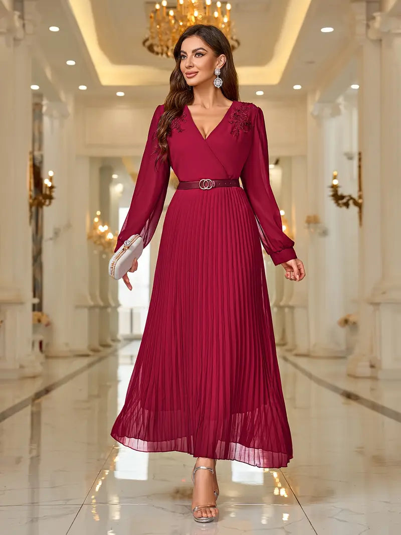 Sunray Pleated Long Sleeve Chiffon Dress