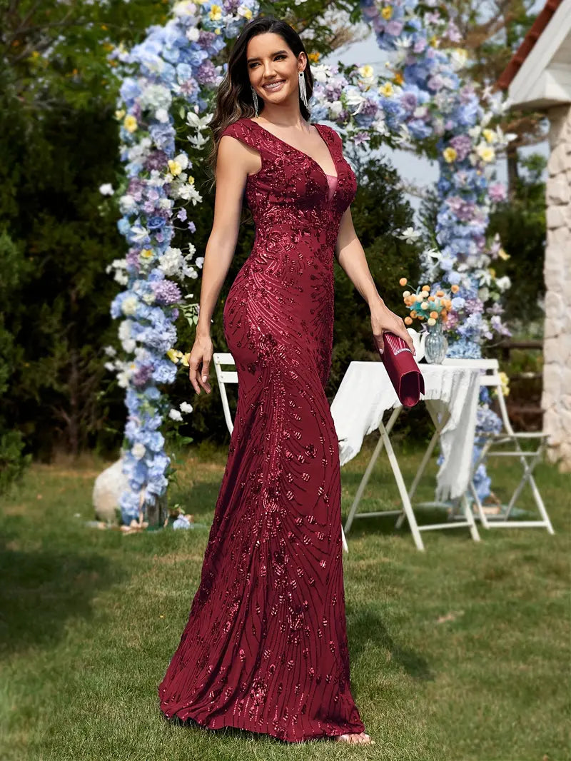 Sleeveless V-Neck Sequin Gown in Burgundy