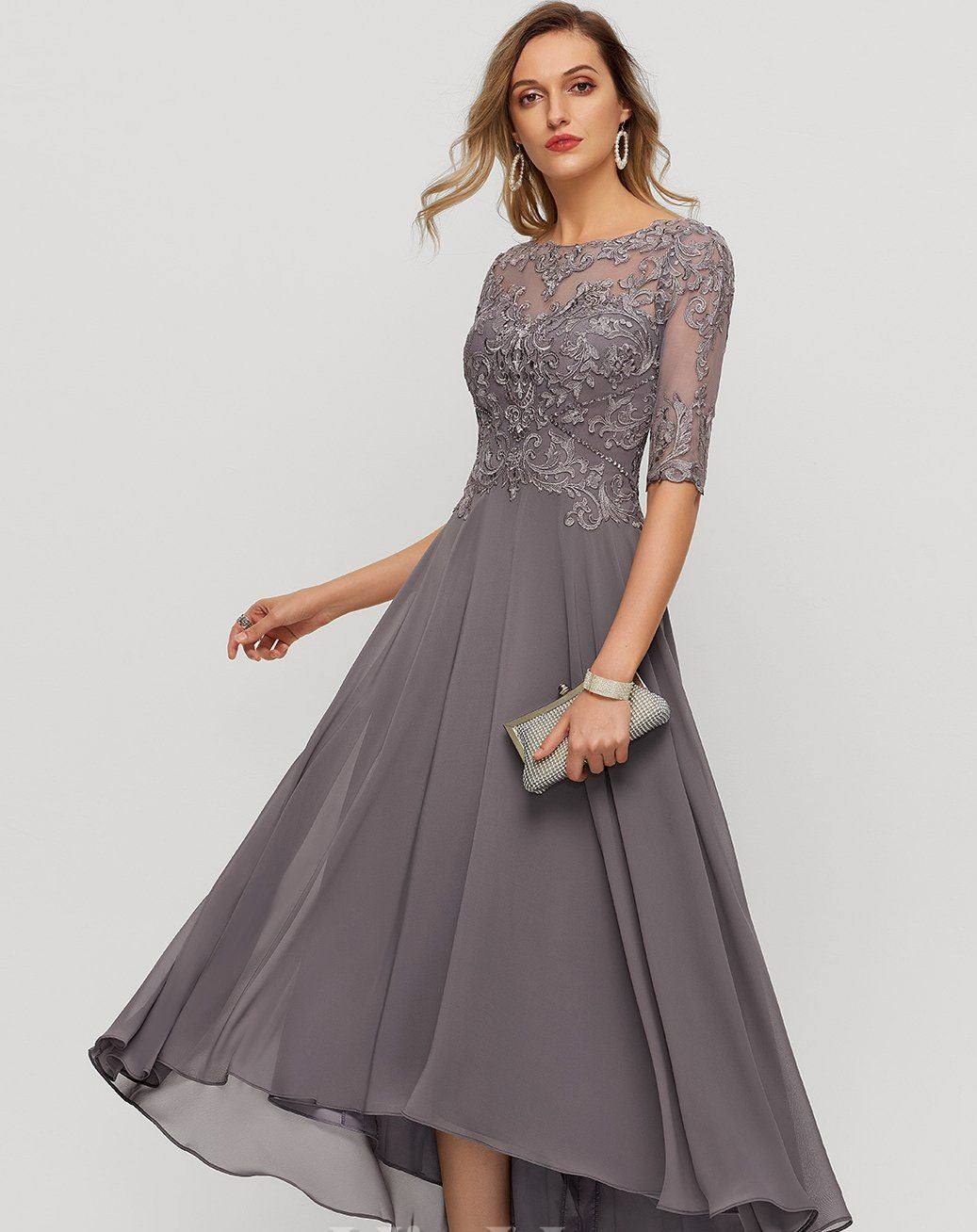 A-line Illusion Boat Neck Asymmetrical Chiffon Lace Mother of the Bride Dress With Sequin Beading