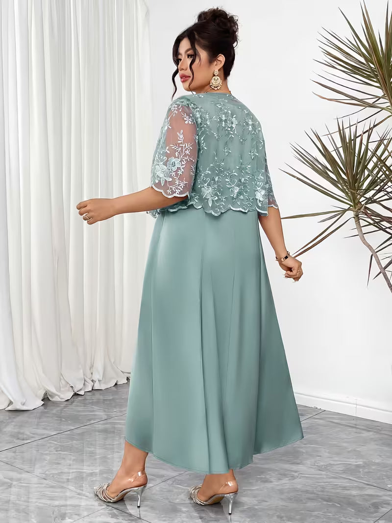 Satin Shift Dress with Matching Embroidered Jacket in Mineral Green