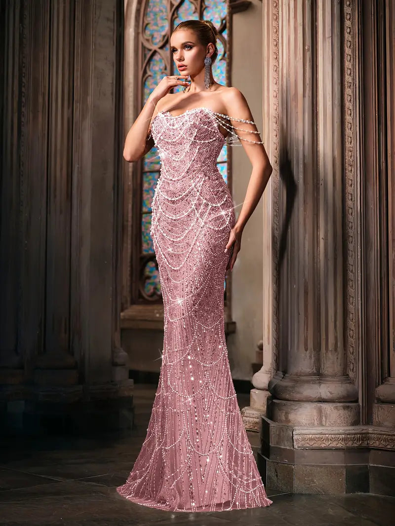 Beaded Bodycon Gown with Mermaid Tail in Dusty Pink