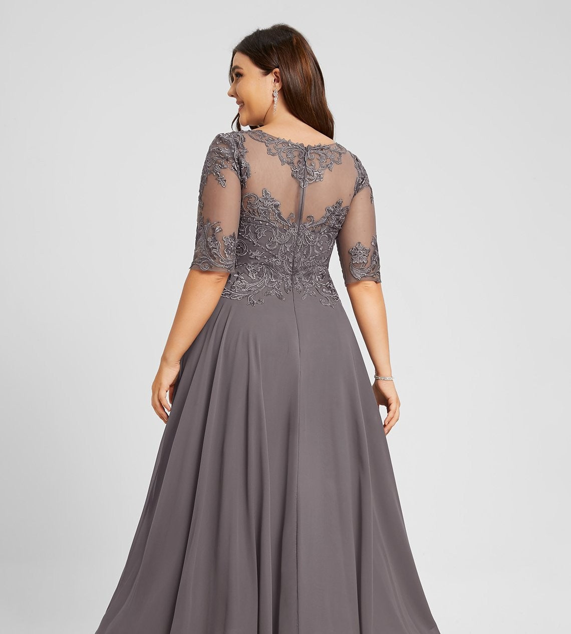 A-line Illusion Boat Neck Asymmetrical Chiffon Lace Mother of the Bride Dress With Sequin Beading