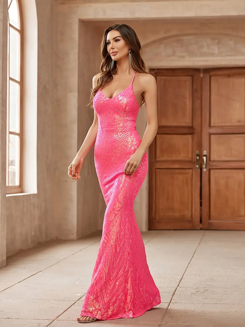 Sequin Backless Mermaid Tail Gown in Bright Pink with Gold Accents