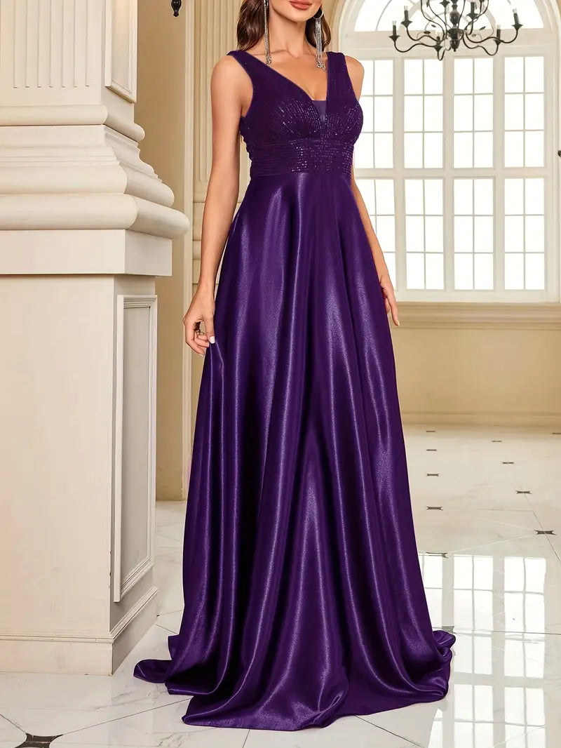 V-Neck Deep Purple Sequin & Satin Gown