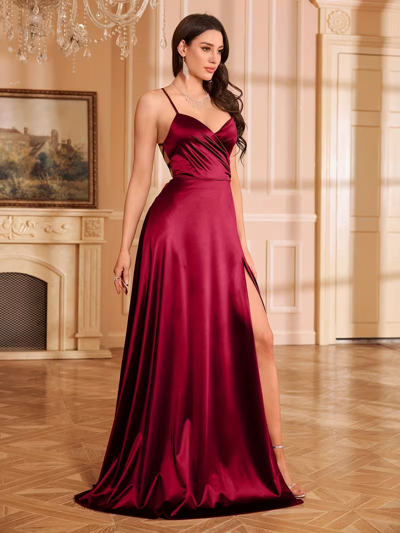 Cross Back Satin Dress With Slits in Red