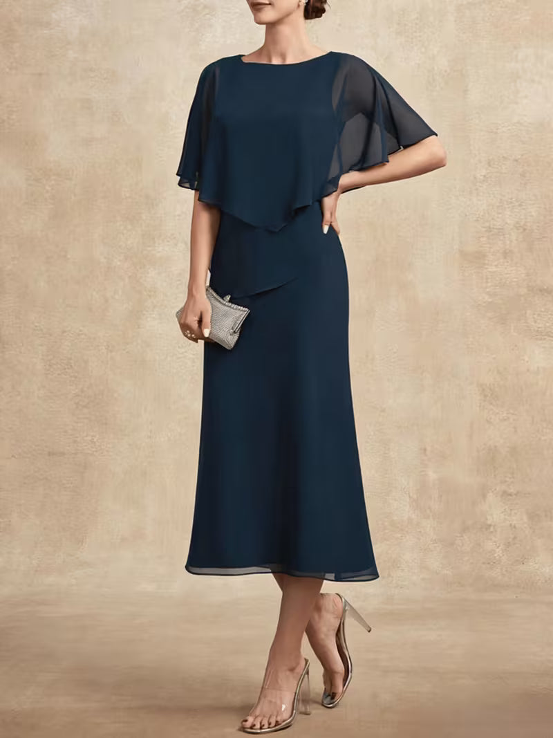 Elegant Chiffon Shawl Dress in Navy