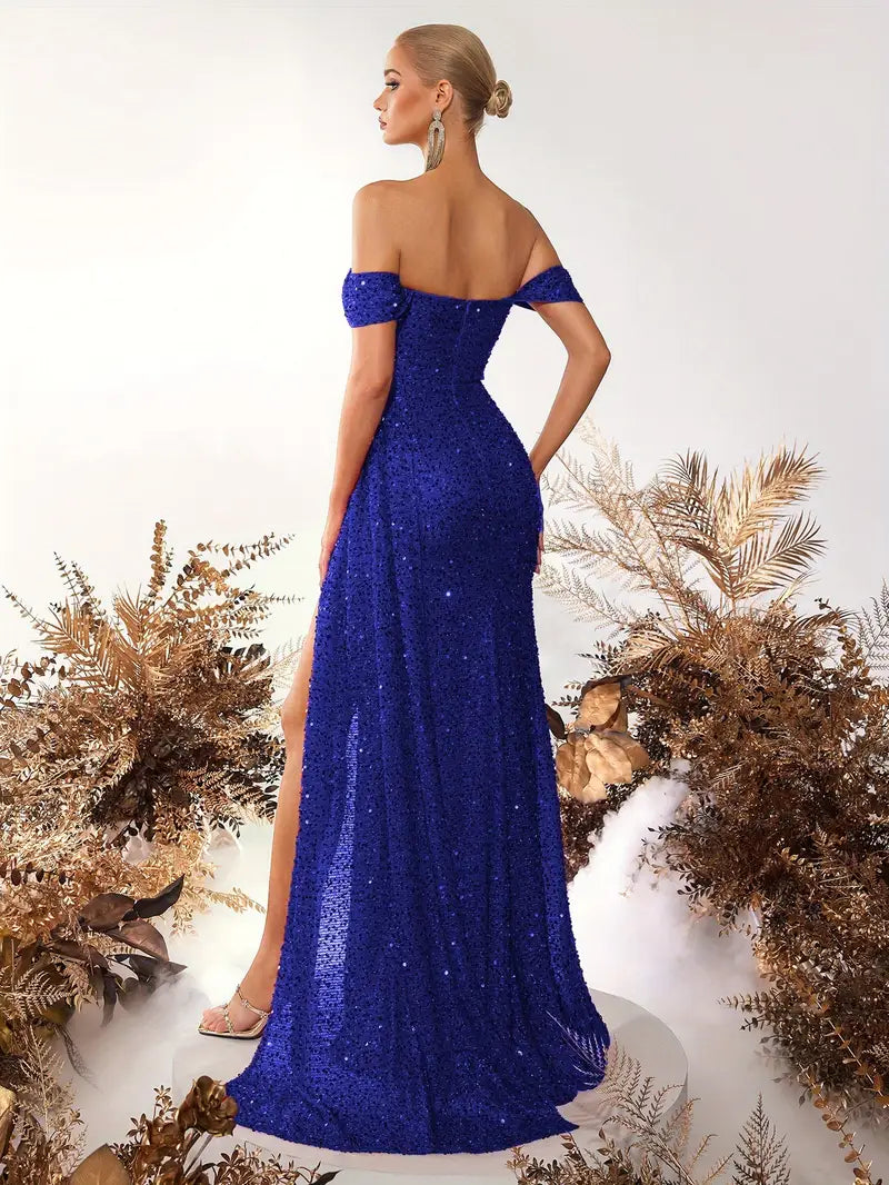 Royal Blue Sequin Off the Shoulder Dress