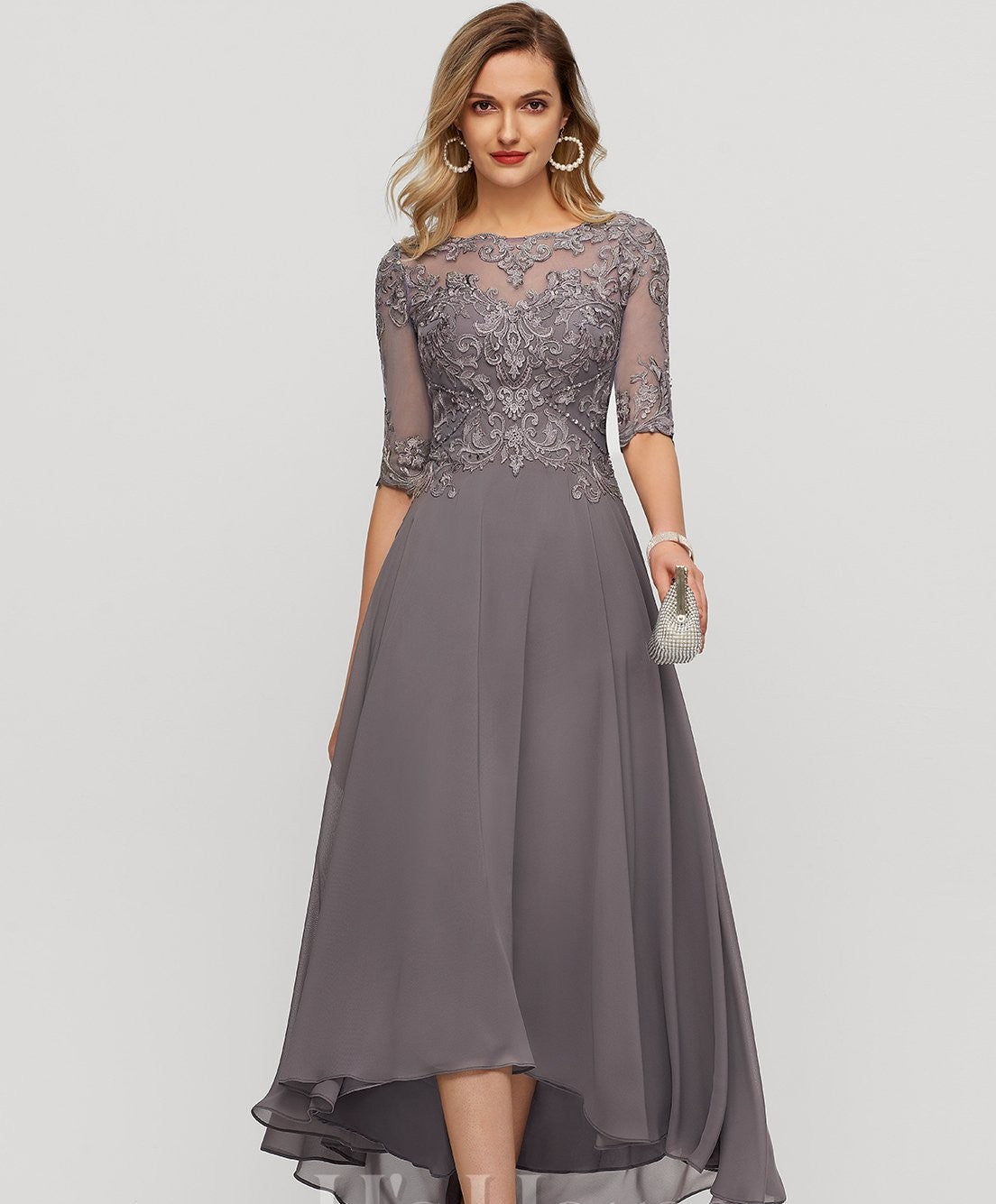 A-line Illusion Boat Neck Asymmetrical Chiffon Lace Mother of the Bride Dress With Sequin Beading